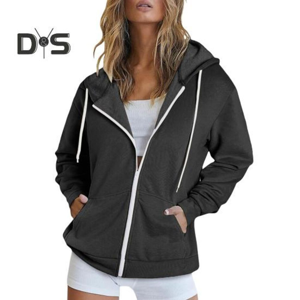 (M, dark gray) Autumn Spring Women Coat Hooded Drawstring Long Sleeves Pockets Zip-up Elastic Cuff Hem Loose Sport Hoodie Casual Daily Wear Jacket