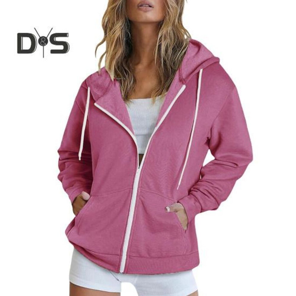 (L, rose red) Autumn Spring Women Coat Hooded Drawstring Long Sleeves Pockets Zip-up Elastic Cuff Hem Loose Sport Hoodie Casual Daily Wear Jacket