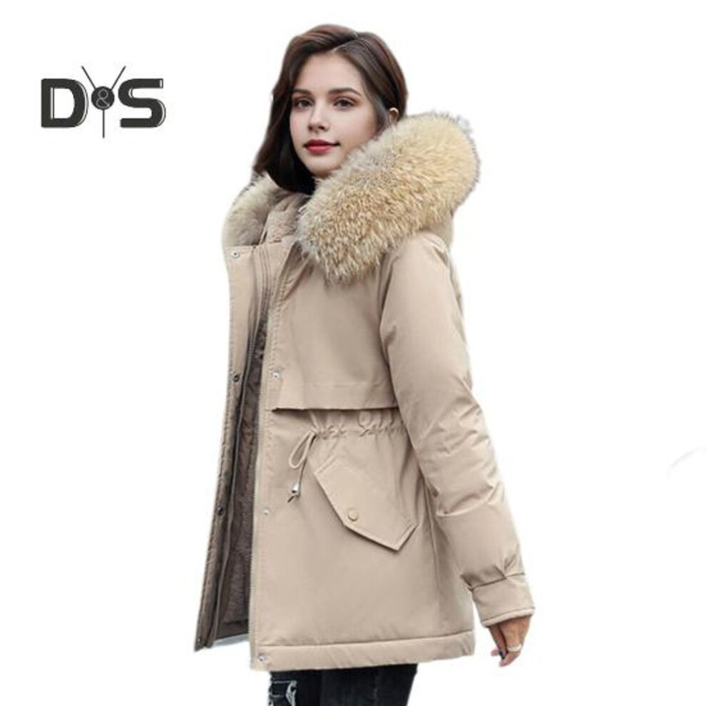 (khaki, L) Winter Women Jacket Furry Hood Long Sleeves Drawstring Waist Pockets Zipper And Button Closure Windbreaker Mid Length Solid Color Windproof Warm Coat