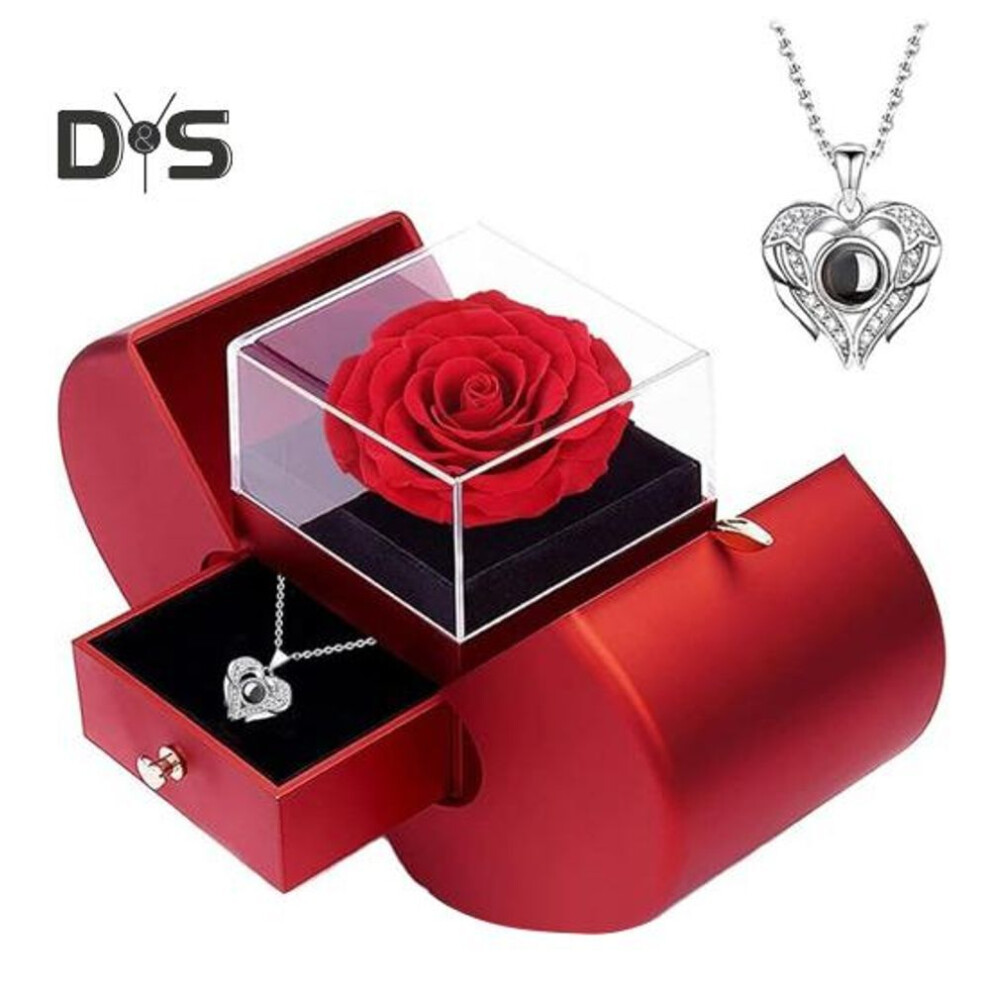 Preserved Rose Flower Gifts Box With 100 Languages Love You Necklace Romantic Jewelry Box Set Gifts For Anniversary Mother's Day Valentine's Day
