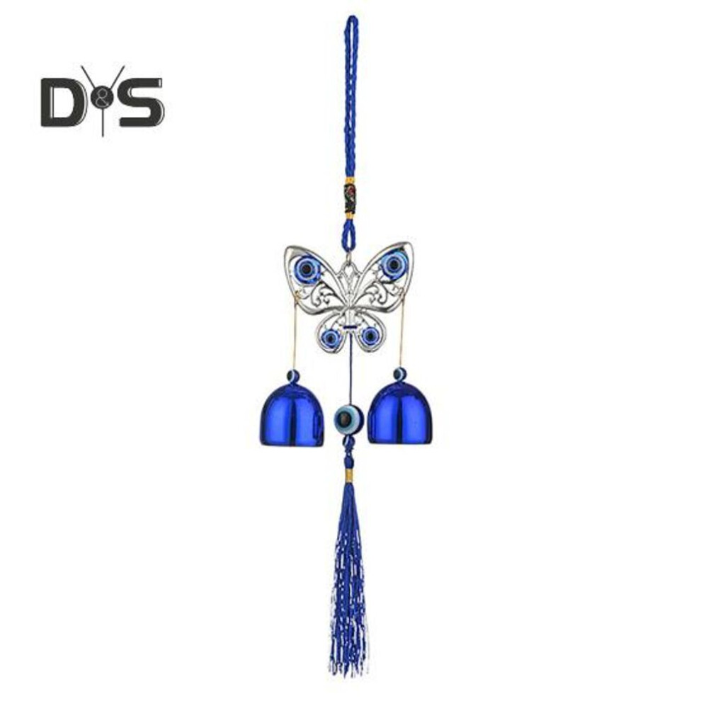 (as the picture, Butterfly) Blue Evil Eyes Wind Chime With 2 Bells Indoor Outdoor Garden Patio Outdoor Hanging Elephant Heart Butterfly Tree Metal Wind Bell Decoration