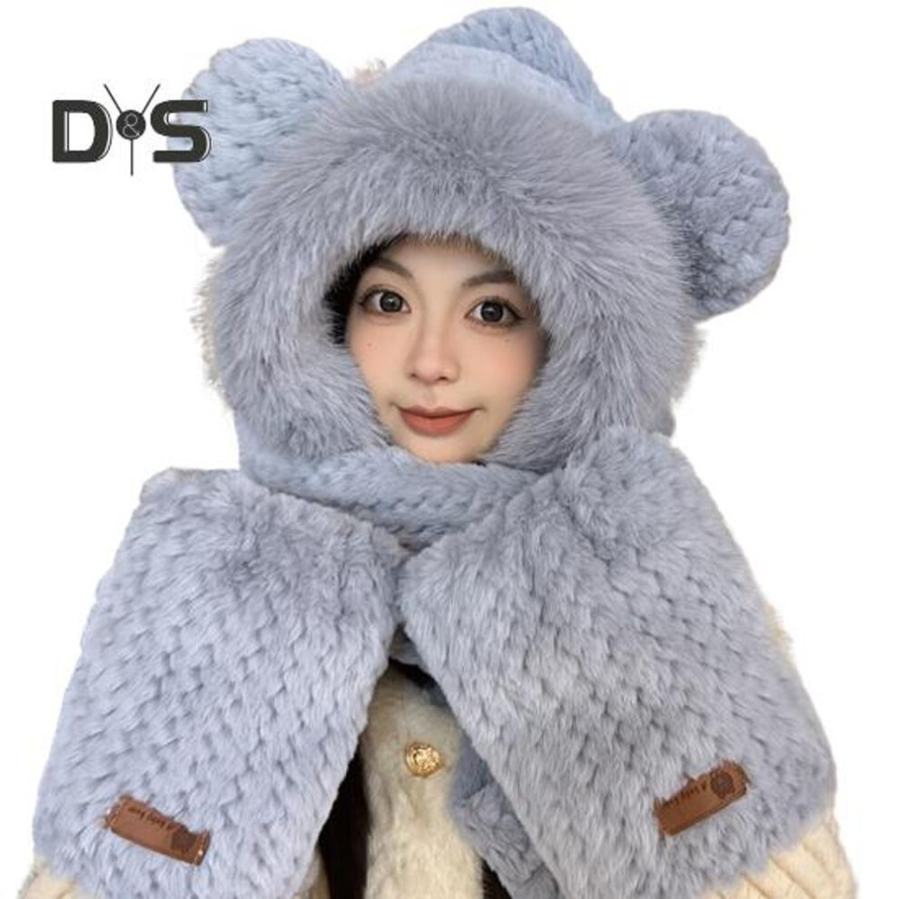 (grey) Women Winter Hat with Integrated Scarf And Gloves Thick Warm Faux Fur Windproof Bear Ears Decor Full Protection Outdoor Cycling Hiking Travel Cold