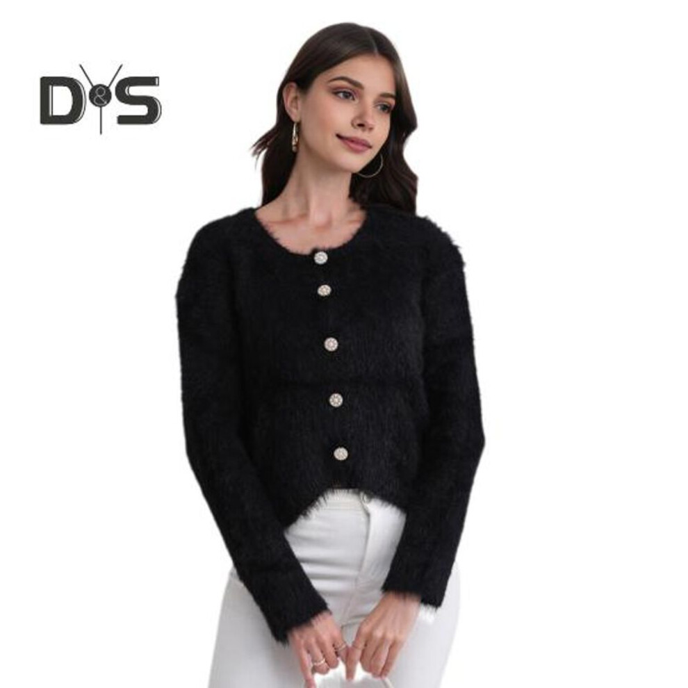 (black) Auutmn Winter Lady Cardigan Coat Furry Plush Single-breasted U Neck Long Sleeves Thickened Solid Color Faux Fur Knitted Sweater Jacket