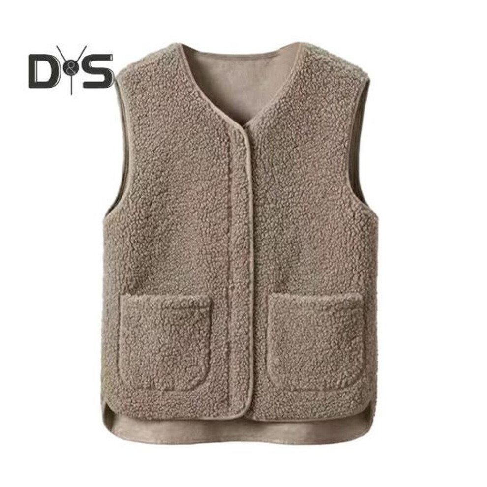 (camel, XXXL) Women Fall Spring Vest Round Neck Thick Fleece Pockets Solid Color Sleeveless Zipper Closure Retro Warm Office Street Home Vacation Layering