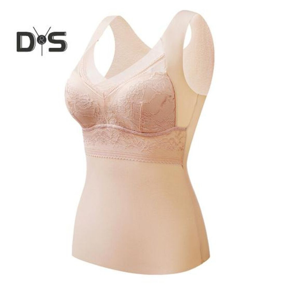 (L, beige) Women Thermal Vest V-Neck Sleeveless Padded Wireless Bottoming Tops Slim Fit Solid Color Temperature Locking Velvet Tank Tops