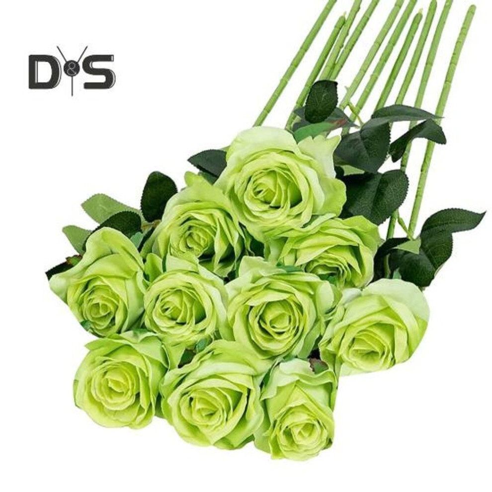 (grass green) 10Pcs Artificial Rose with Green Leaves Fake Silk Flower Wedding Halloween Party Holiday Home Office Table Centerpiece Faux Floral Branch Decoration