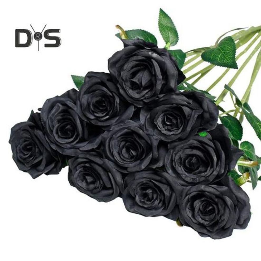(black) 10pcs Artificial Rose With Green Leaves Fake Silk Flower Wedding Halloween Party Holiday Home Office Table Centerpiece Faux Floral Branch Decoration