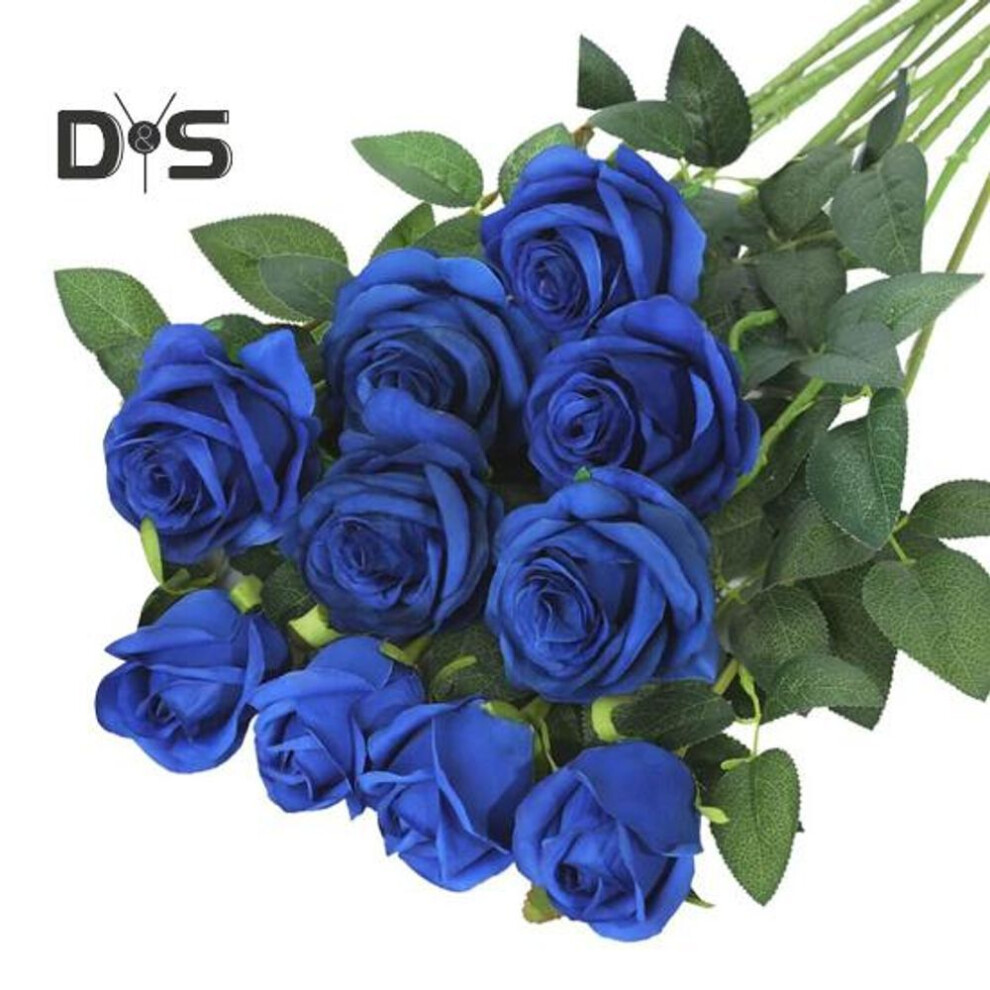 (blue) 10pcs Artificial Rose With Green Leaves Fake Silk Flower Wedding Halloween Party Holiday Home Office Table Centerpiece Faux Floral Branch Decoration