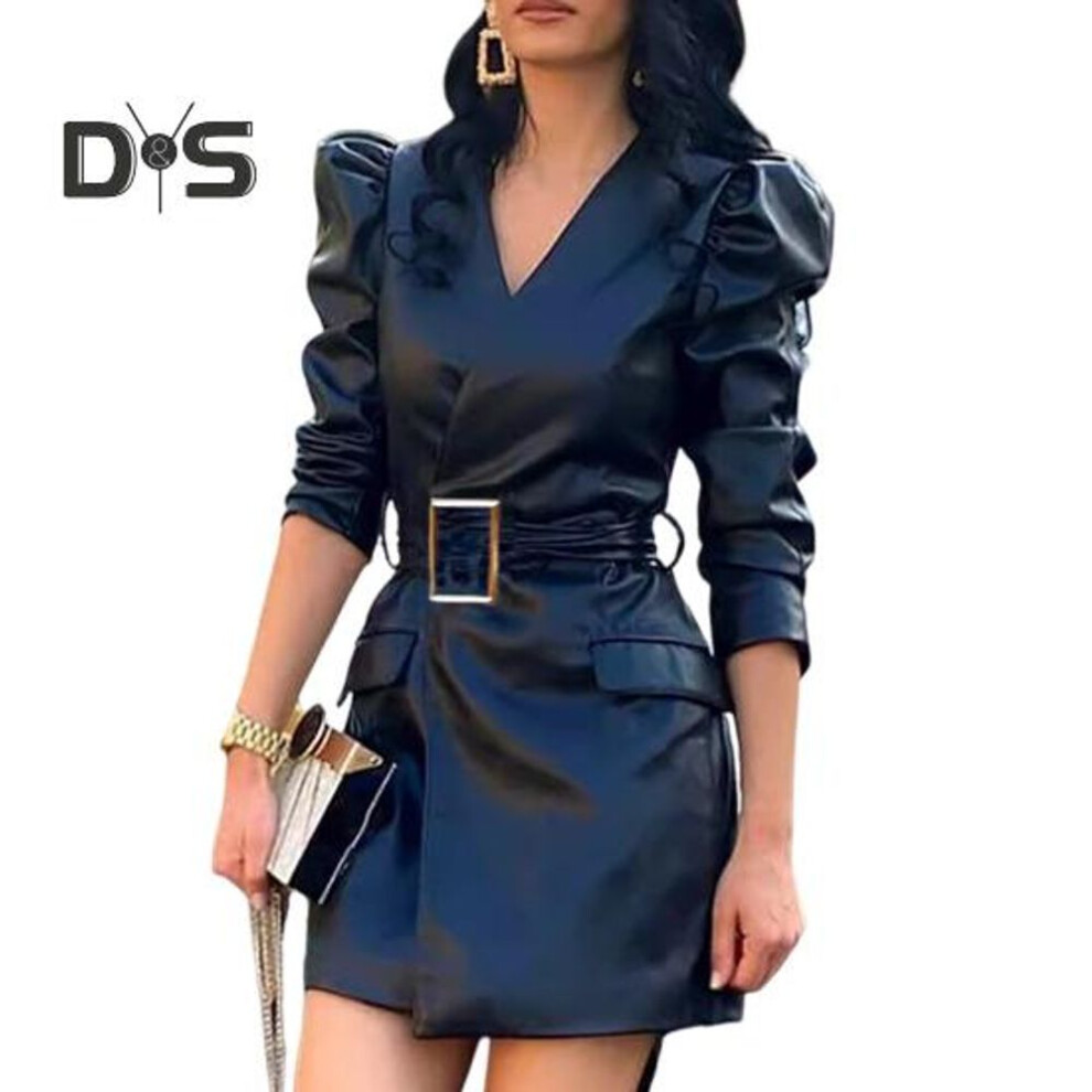 (black, XL) Spring Women Dress V Neck Belted Waist Smooth Faux Leather Long Bubble Sleeves Solid Color Commuting Shopping Office Mini Dress