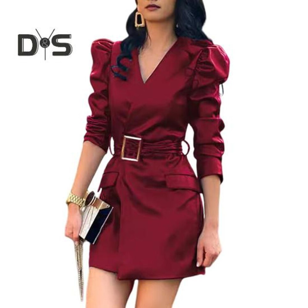 (wine red, XL) Spring Women Dress V Neck Belted Waist Smooth Faux Leather Long Bubble Sleeves Solid Color Commuting Shopping Office Mini Dress