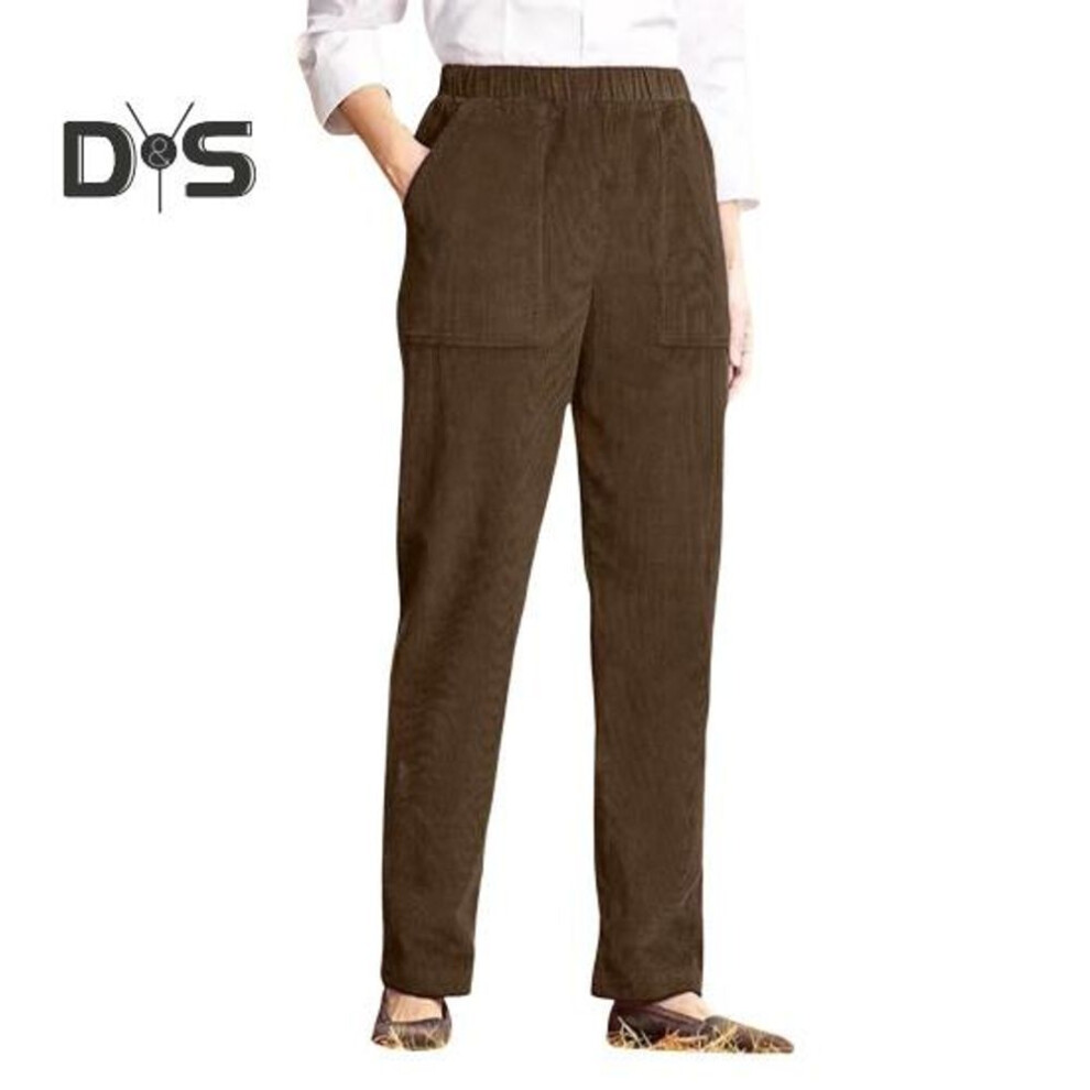 (dark brown, M) Corduroy Casual Pants Elastic Waist Women Long Pants With Pockets Solid Color Straight Leg Commuting Office Travel Slacks
