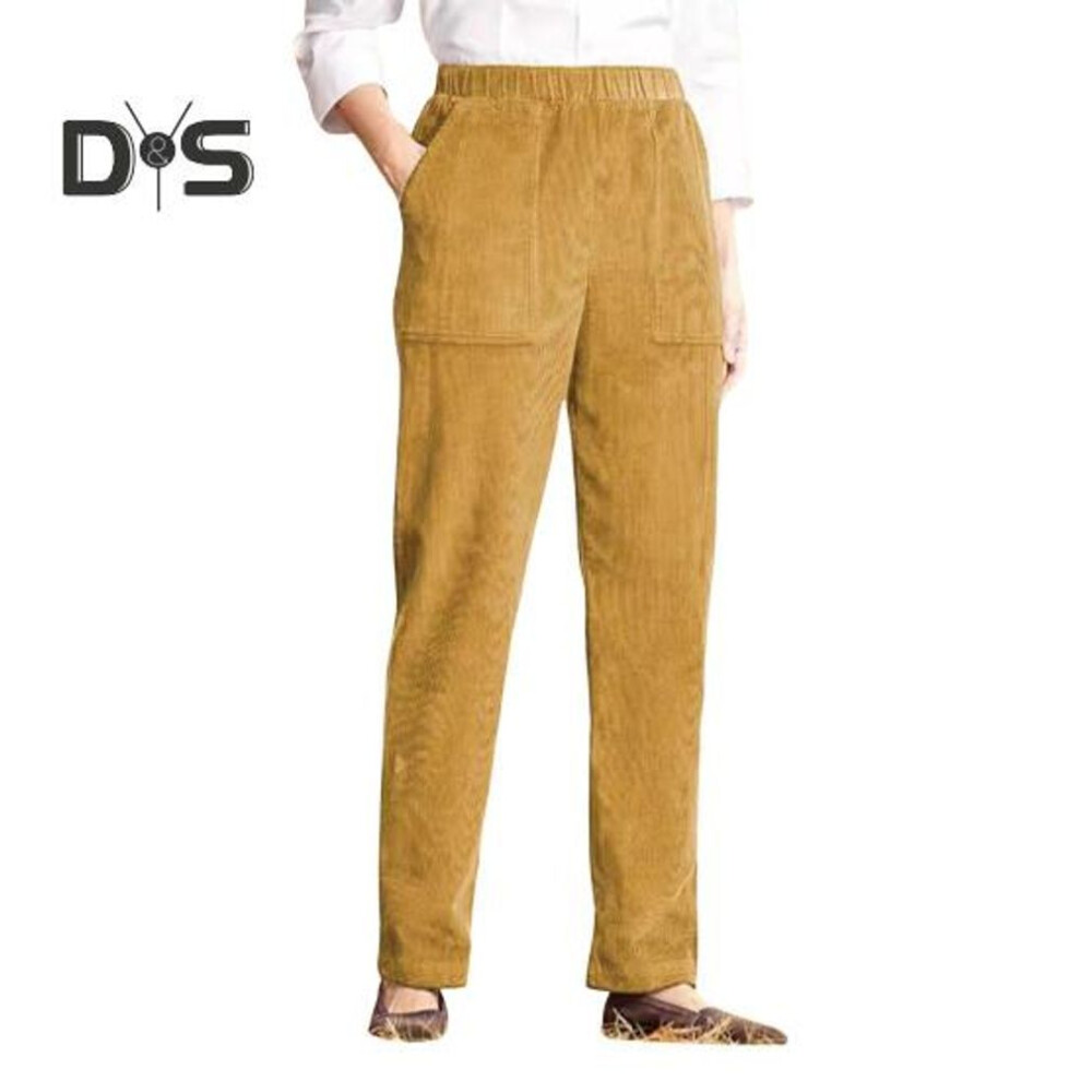 (wheat, L) Corduroy Casual Pants Elastic Waist Women Long Pants With Pockets Solid Color Straight Leg Commuting Office Travel Slacks