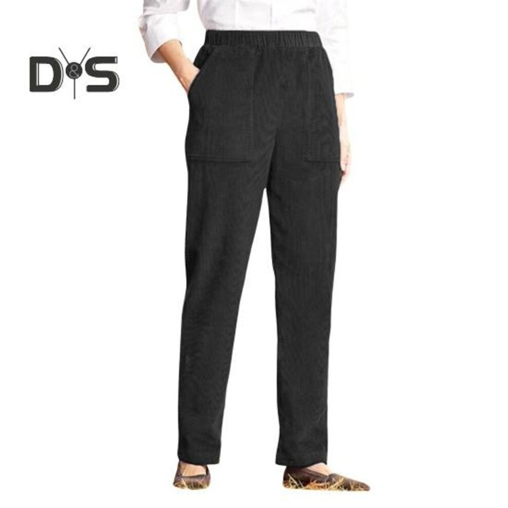 (black, M) Corduroy Casual Pants Elastic Waist Women Long Pants With Pockets Solid Color Straight Leg Commuting Office Travel Slacks