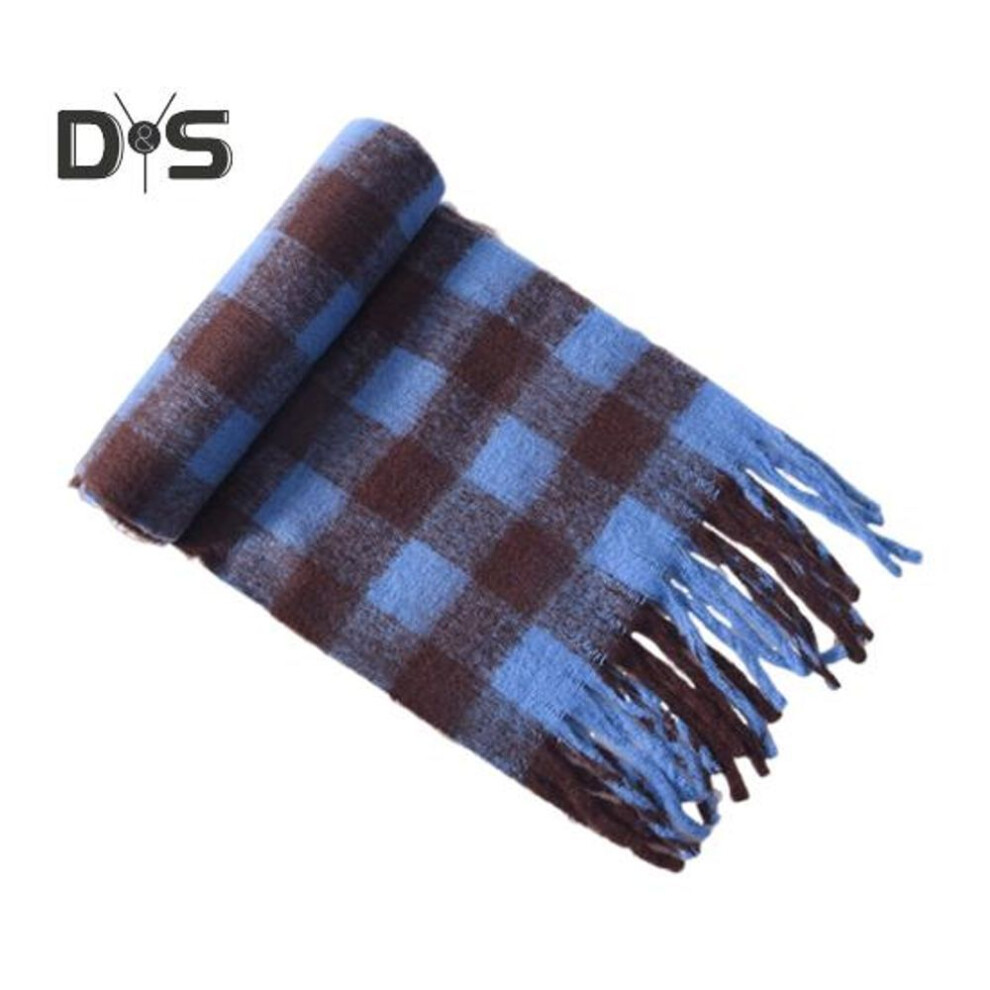 (blue, L) Women Scarf Plaid Print Tassel Decoration Knitted Scarf Imitation Cashmere Warm Shawl Winter Accessory
