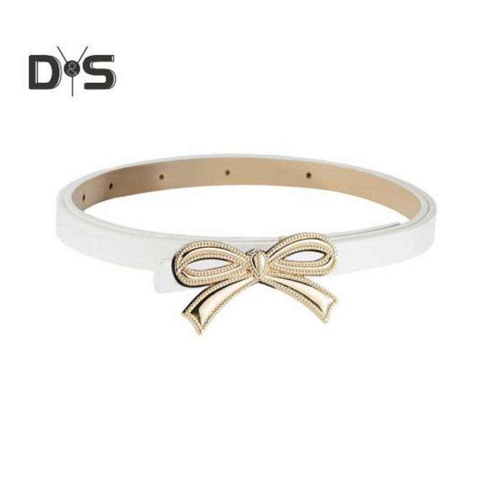 (white) Women Belt Solid Color Thin Faux Leather Waistband With Bowknot Decoration Multi Holes Design Adjustable Length Dress Shirt Belt
