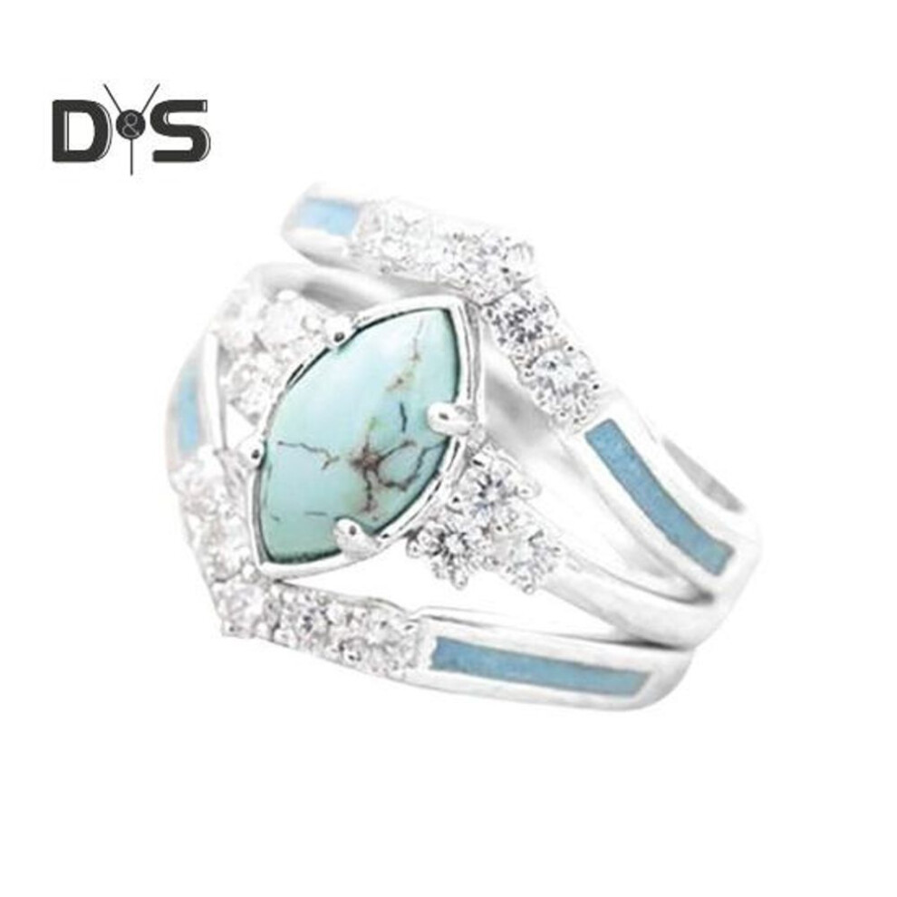 (silver, US 6) 3 Pcs/set Women Ring Set Geometric Faux Turquoise Stackable Rhinestone Decor Alloy Polished Electroplated Lady Finger Jewelry Birthday Gift