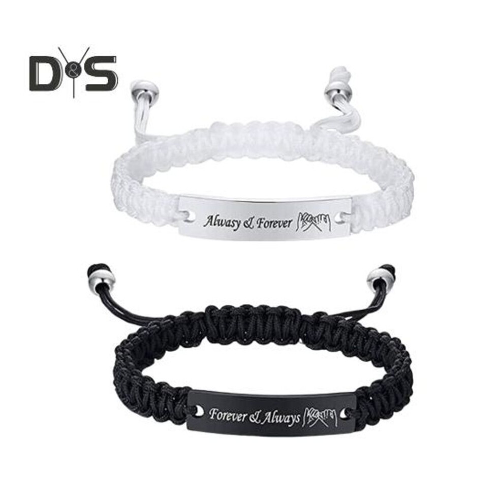 (as the picture, B) 2pcs/set Couple Bracelet Stainless Steel Carved Letter Plate Braided Bracelet Black White Rope Matching Bracelet Jewelry Accessories