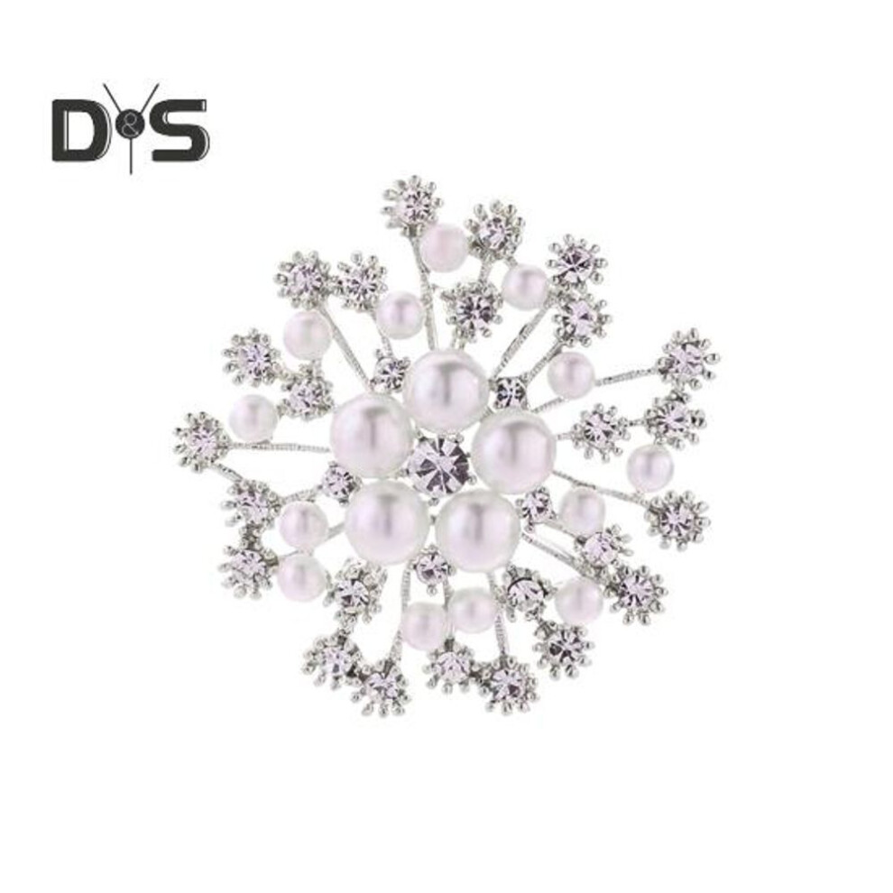 (silver) Women Brooch Snowflake Shape Rhinestone Faux Pearl Decor Anti-slip Wear-resistant Suit Coat Collar Hat Scarf Decoration Clothes Pin Prom Party