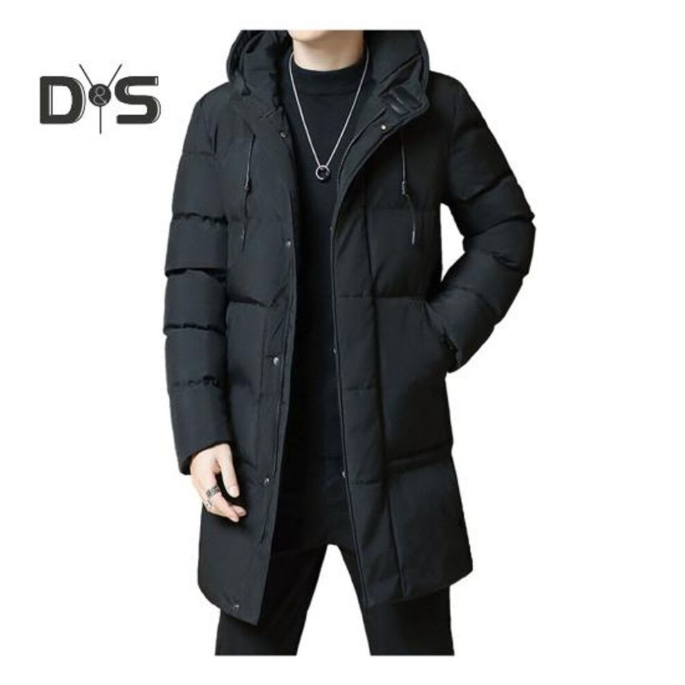 (black, M) Men Winter Cotton Coat Thicken Padded Hooded Windproof Lightweight Cold Resistant Zipper Closure Long Sleeve Pockets Drawstring Mid Length Outdoor