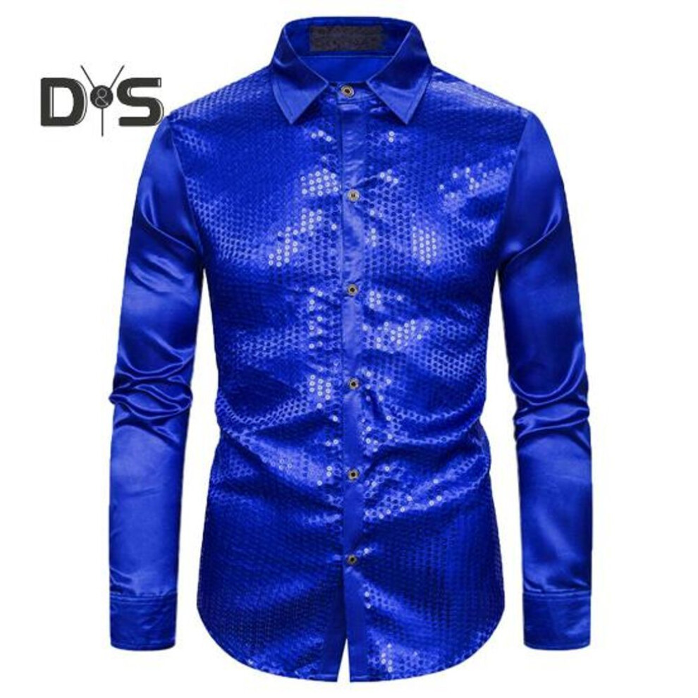 (XL, blue) Men Shirt Club Dance Shirt Shiny Sequin Lapel Single Breasted Slim Fit Colorful Stripe Glossy Long Sleeve Performance Men Top