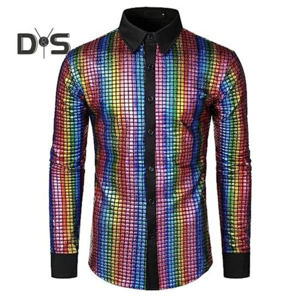 (M, multicolor) Men Shirt Shiny Smooth Sequin Stand Collar Single breasted Turn down Collar Long Sleeve Club Dance Disco Stage Performance Vintage Top