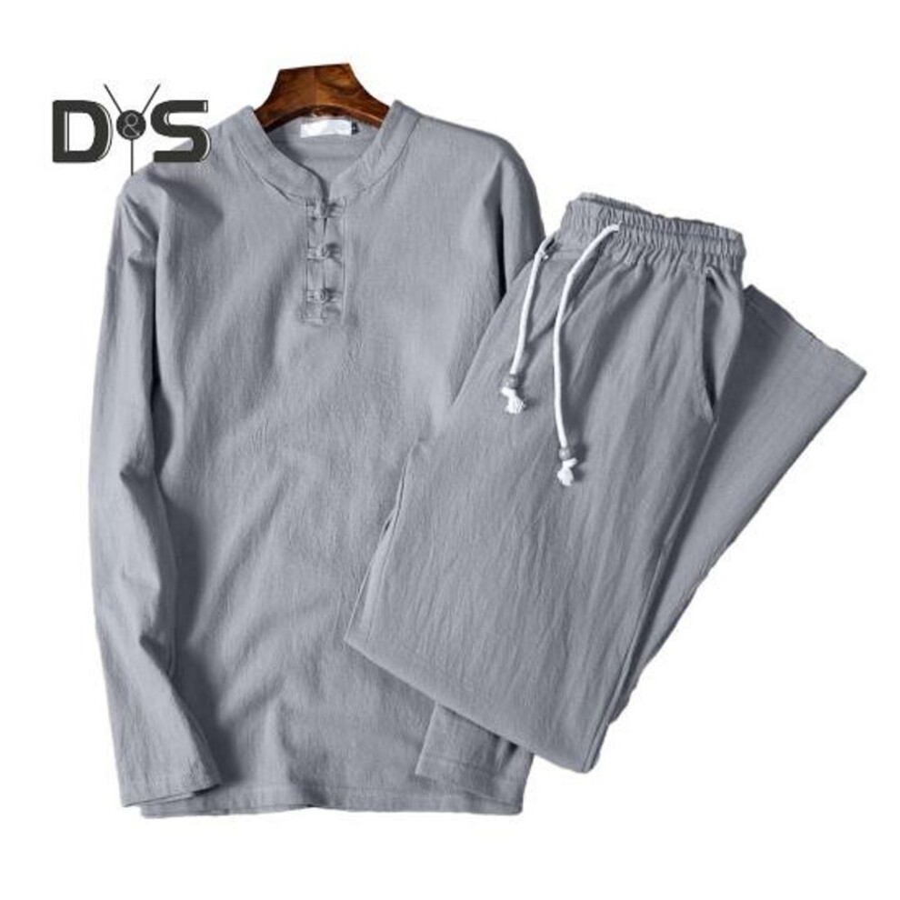 (grey, 3XL) 2 Pcs/Set Men Top Pants Suit Stand Collar Long Sleeve Elastic Waist Beaded Drawstring Wide Leg Pockets Solid Color Men Fall Spring Shirt Trousers Set