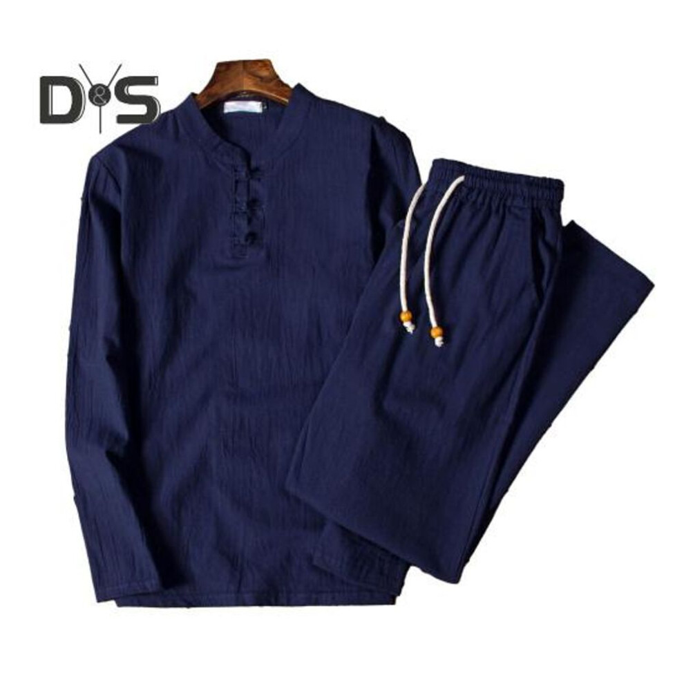 (navy blue, 3XL) 2 Pcs/Set Men Top Pants Suit Stand Collar Long Sleeve Elastic Waist Beaded Drawstring Wide Leg Pockets Solid Color Men Fall Spring Shirt Trousers Set