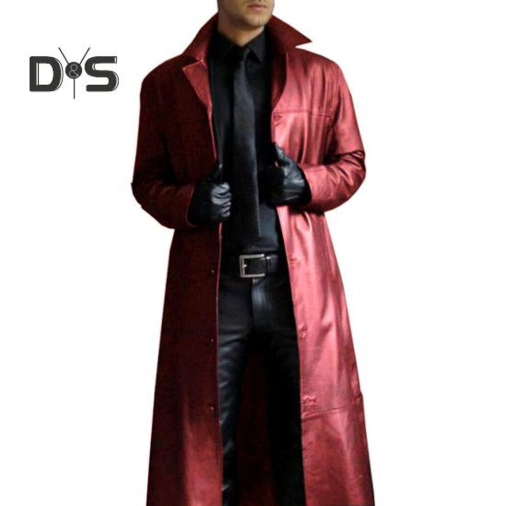 (red, XL) Men Jacket Turn Down Collar Smooth Solid Color Faux Leather Windproof Streetwear Slim Fit Long Sleeve Men Trench Coat