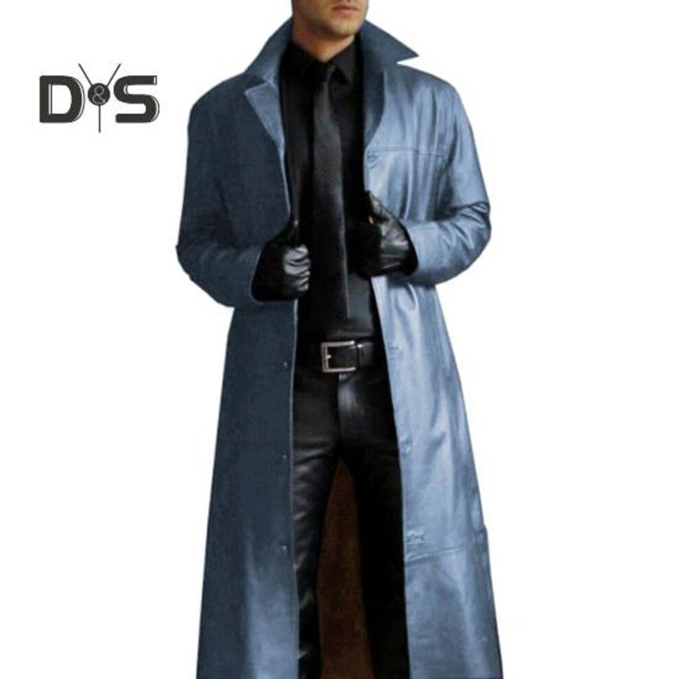 (blue, 3XL) Men Jacket Turn down Collar Smooth Solid Color Faux Leather Windproof Streetwear Slim Fit Long Sleeve Men Trench Coat