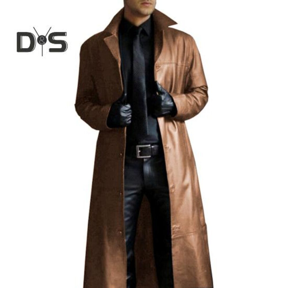 (brown, L) Men Jacket Turn down Collar Smooth Solid Color Faux Leather Windproof Streetwear Slim Fit Long Sleeve Men Trench Coat