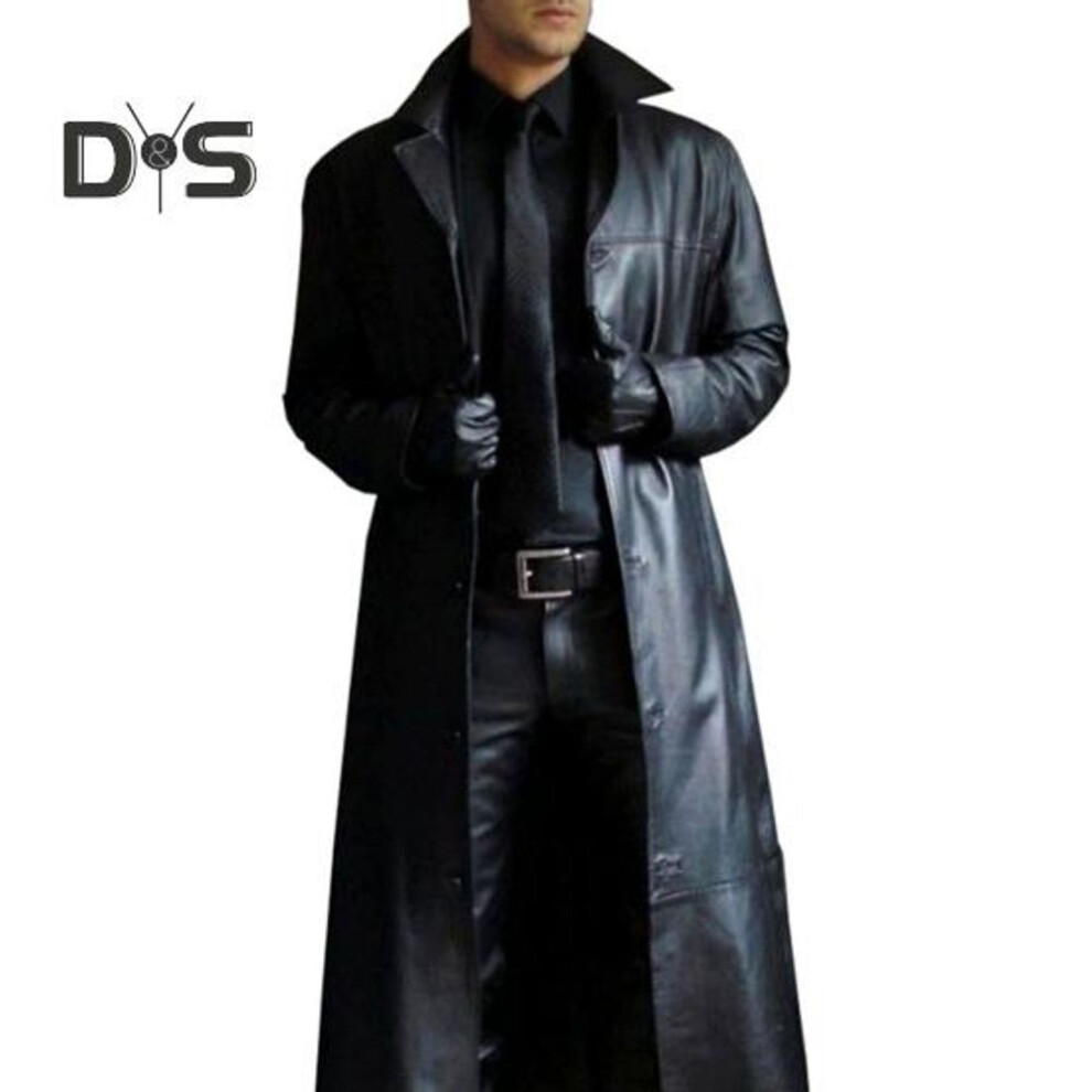 (black, L) Men Jacket Turn down Collar Smooth Solid Color Faux Leather Windproof Streetwear Slim Fit Long Sleeve Men Trench Coat