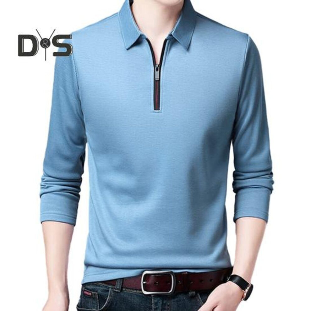 (light blue, M) Men Solid Color Business Shirt Lapel Zipper Neckline Long Sleeve Pullover Tops Spring Autumn Slim Fit Work T shirt