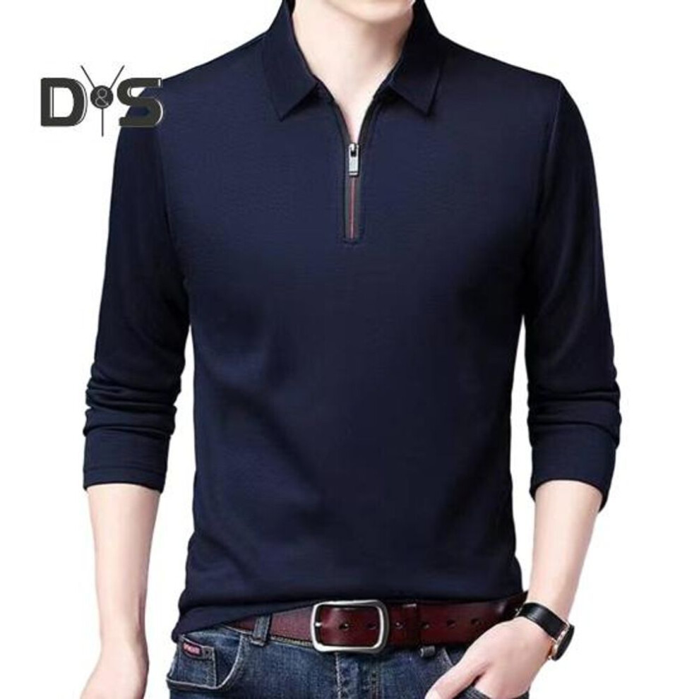 (navy blue, M) Men Solid Color Business Shirt Lapel Zipper Neckline Long Sleeve Pullover Tops Spring Autumn Slim Fit Work T Shirt