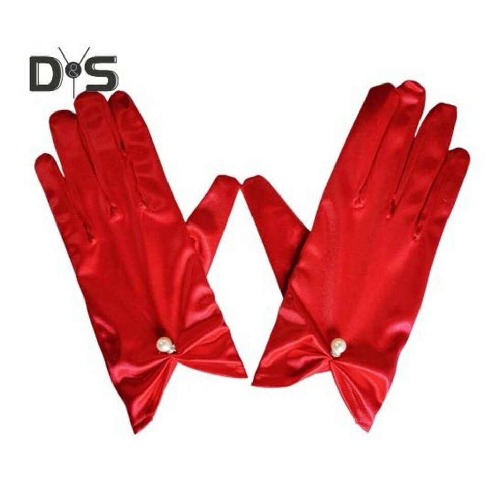 (red) 1 Pair Bride Wedding Gloves Pleated Smooth Satin Anti-slip Faux Pearl Decor Elastic Pure Color Dance Ball Banquet Cocktail Party Lady Gloves