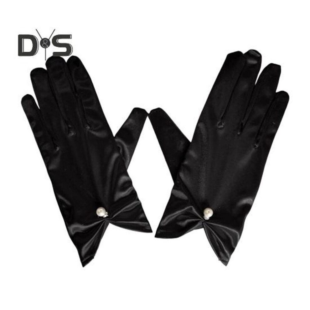 (black) 1 Pair Bride Wedding Gloves Pleated Smooth Satin Anti-slip Faux Pearl Decor Elastic Pure Color Dance Ball Banquet Cocktail Party Lady Gloves
