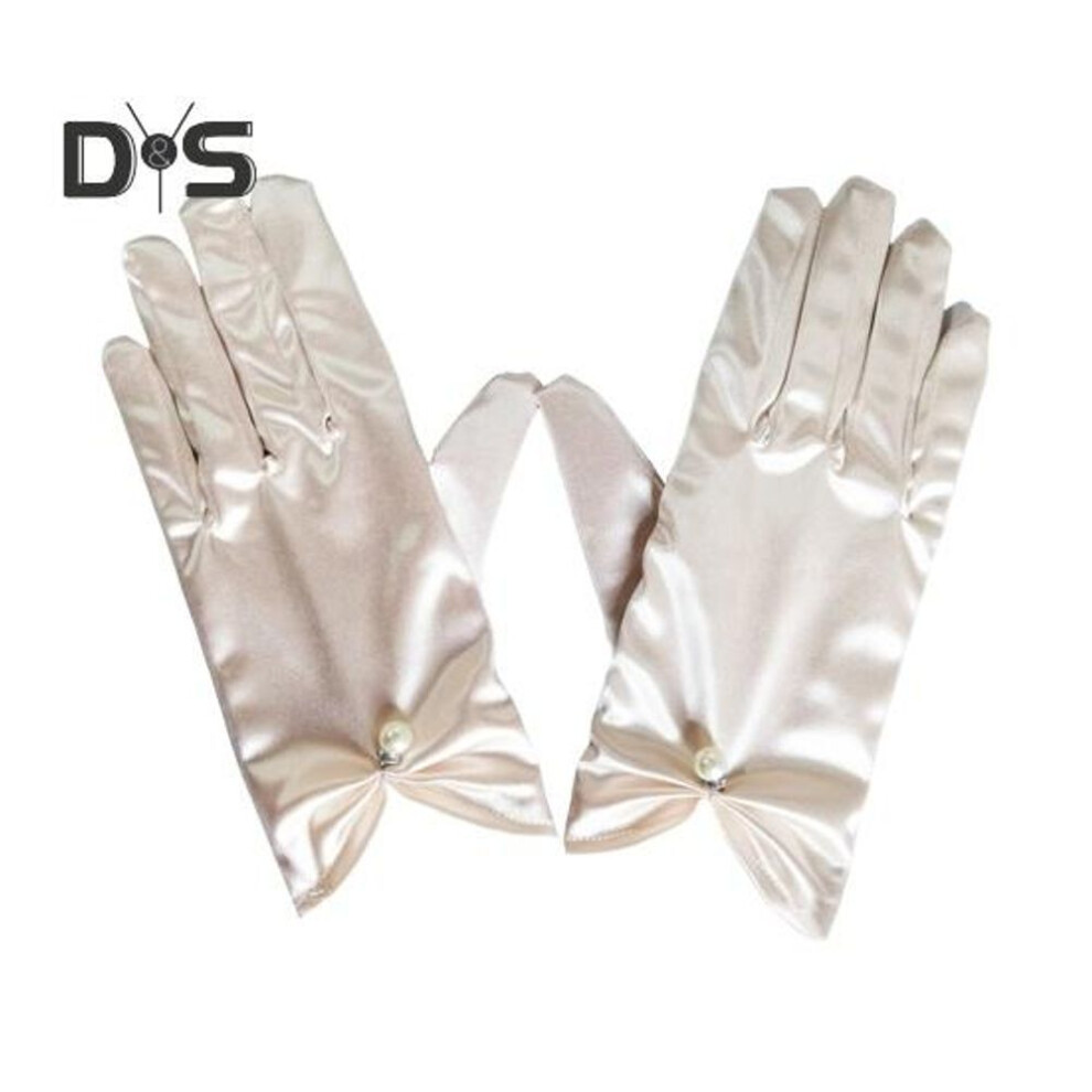 (champagne) 1 Pair Bride Wedding Gloves Pleated Smooth Satin Anti-slip Faux Pearl Decor Elastic Pure Color Dance Ball Banquet Cocktail Party Lady Gloves