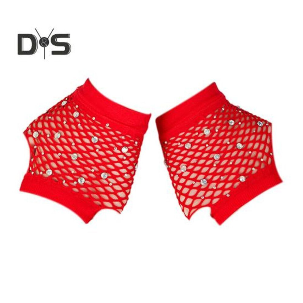 (red) 1 Pair Performance Gloves Hollow Out Fishnet Thin Rhinestone Decor High Elasticity Fingerless Thin See-through Cosplay Club Party Festivals Gloves