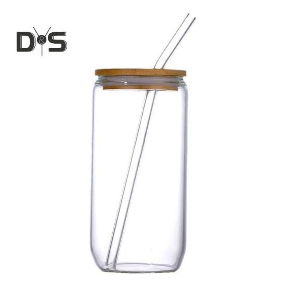 (as the picture, 1pc) Glass Tumbler With Bamboo Lid Brushes Straw 470ml Can Shaped Glass Cups For Iced Coffee Soda Tea Beer & Ice Coffee Glasses Reusable Glassware