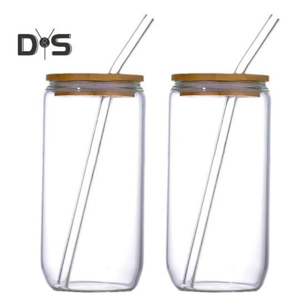 (as the picture, 2pcs) Glass Tumbler With Bamboo Lid Brushes Straw 470ml Can Shaped Glass Cups For Iced Coffee Soda Tea Beer & Ice Coffee Glasses Reusable Glassware