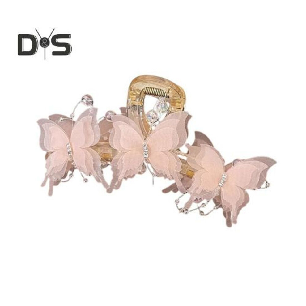 (pink) Women Hair Claw Mesh Yarn Butterflies Decor Shiny Rhinestones Hair Clip Anti-slip Teeth Back Head Shark Hair Clamp