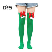 (green) 1 Pair Christmas Stockings Colorblock Striped Retro Bright Color Bow Decor Anti-slip Skinny Performances Cosplay Mini Dress Skirt Pairng Long Socks