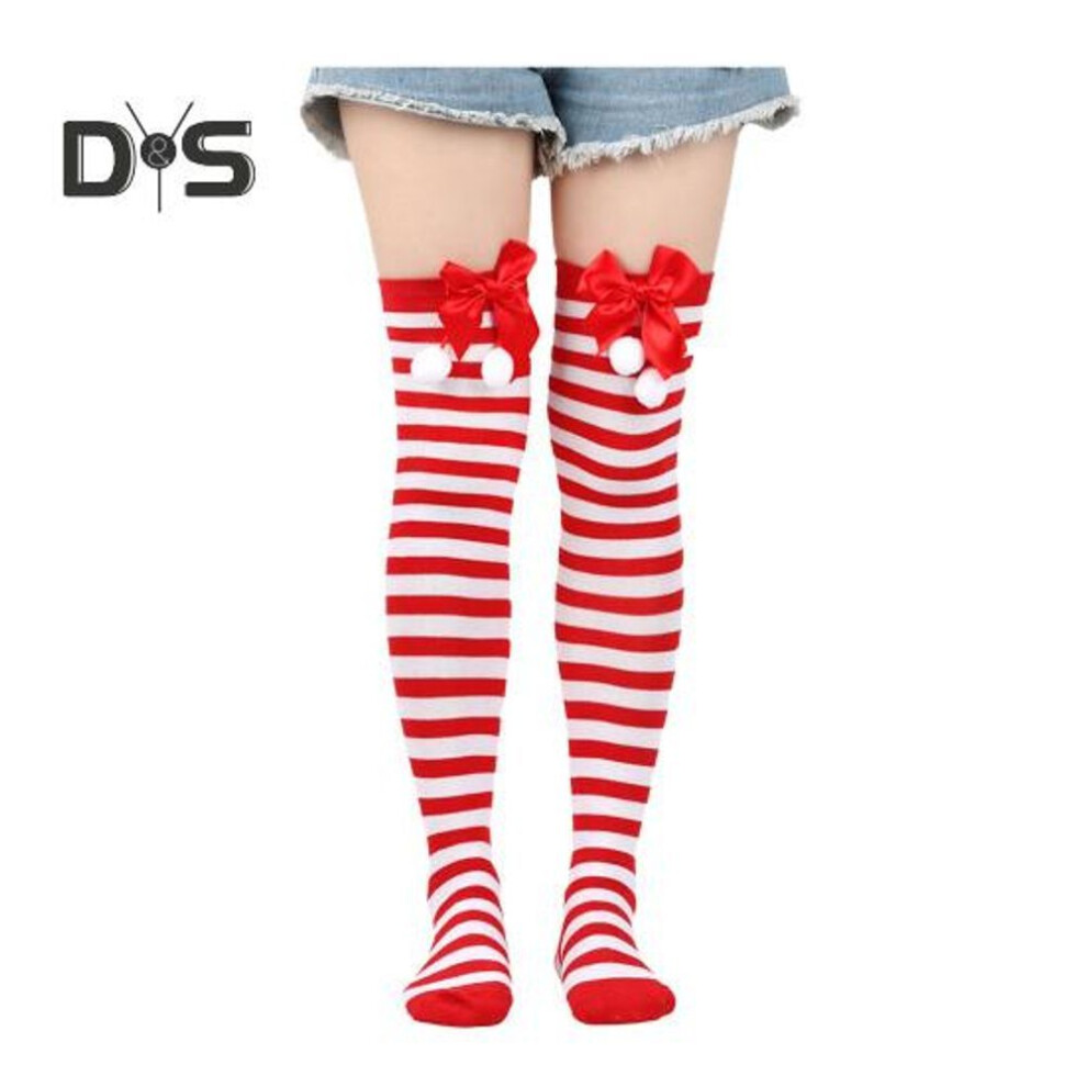 (red,white) 1 Pair Christmas Stockings Colorblock Striped Retro Bright Color Bow Decor Anti-slip Skinny Performances Cosplay Mini Dress Skirt Pairng Long Socks
