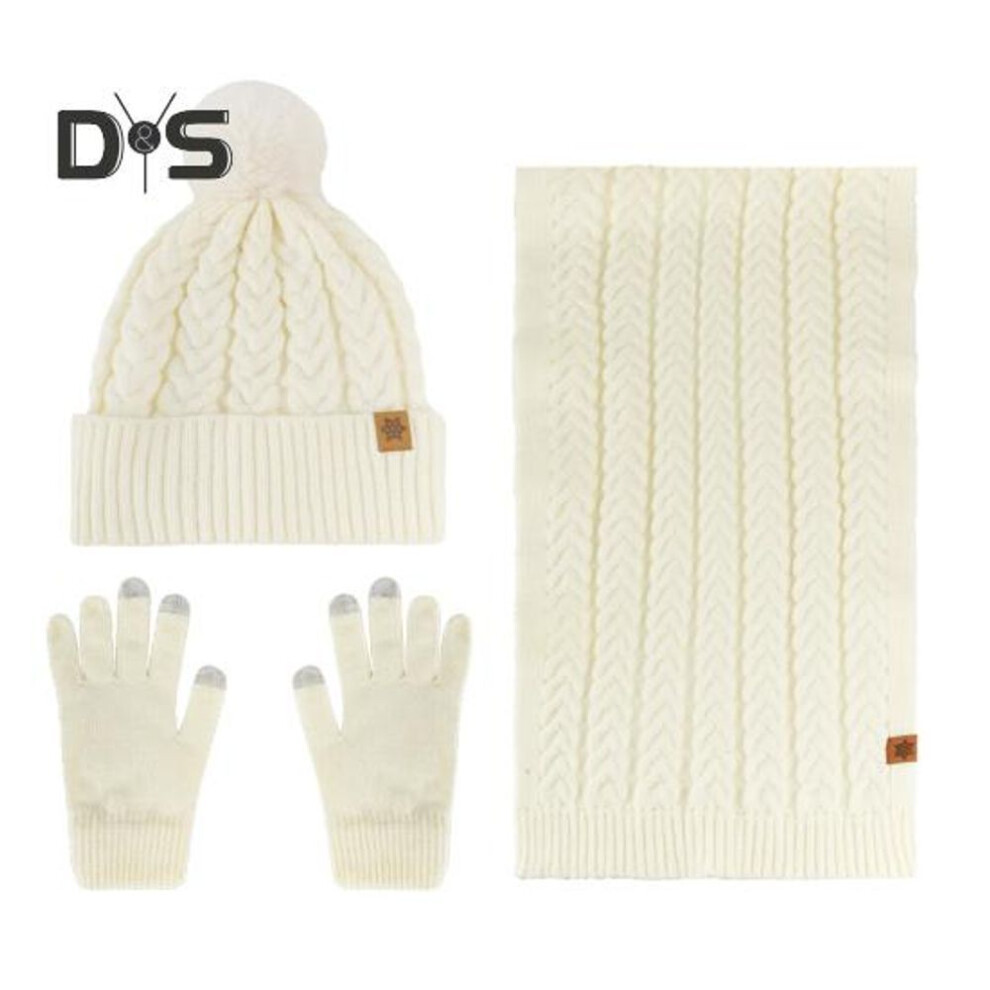 (milk white) 3Pcs/Set Women Winter Warm Set Plush Ball Knitted Beanie Hat Solid Color Twist Texture Scarf Fleece Lined Gloves Set Thermal Lined Hat Set