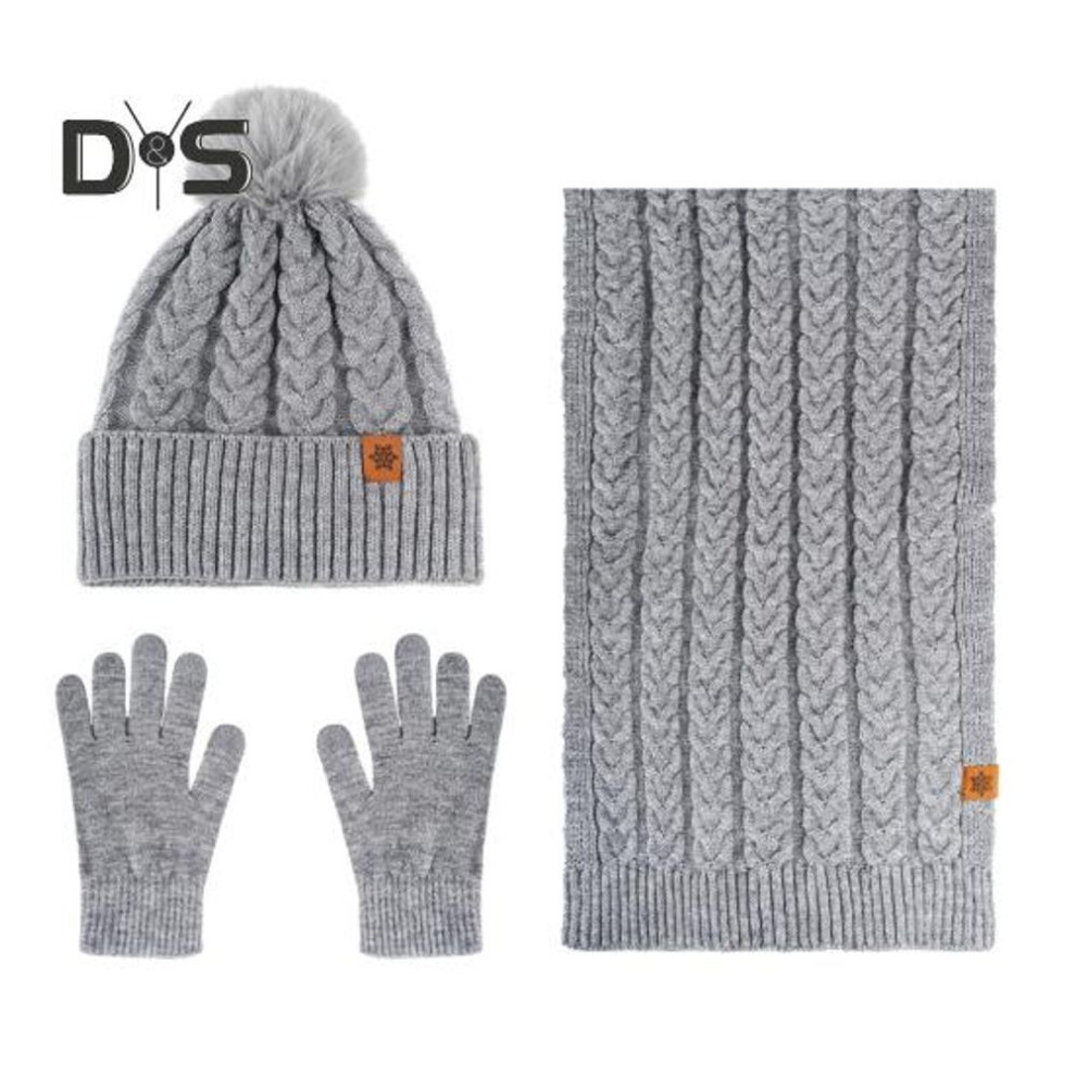 (grey) 3Pcs/Set Women Winter Warm Set Plush Ball Knitted Beanie Hat Solid Color Twist Texture Scarf Fleece Lined Gloves Set Thermal Lined Hat Set