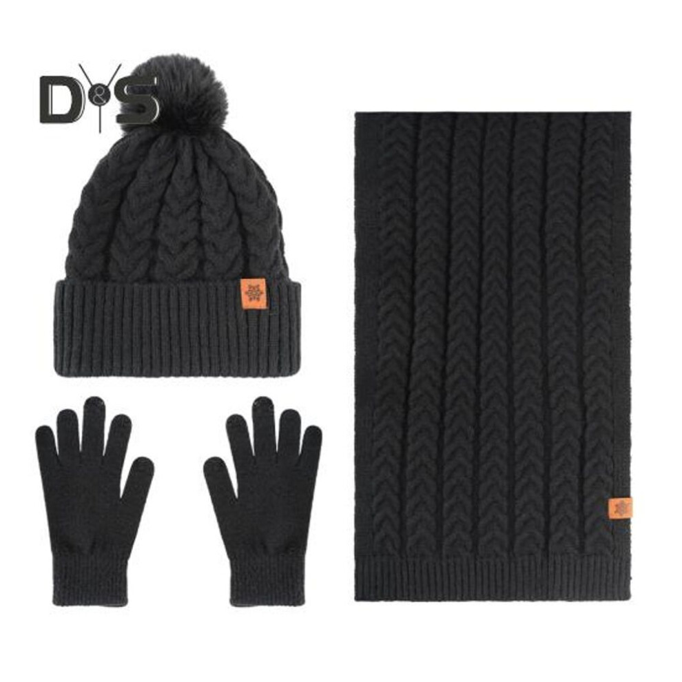 (black) 3Pcs/Set Women Winter Warm Set Plush Ball Knitted Beanie Hat Solid Color Twist Texture Scarf Fleece Lined Gloves Set Thermal Lined Hat Set