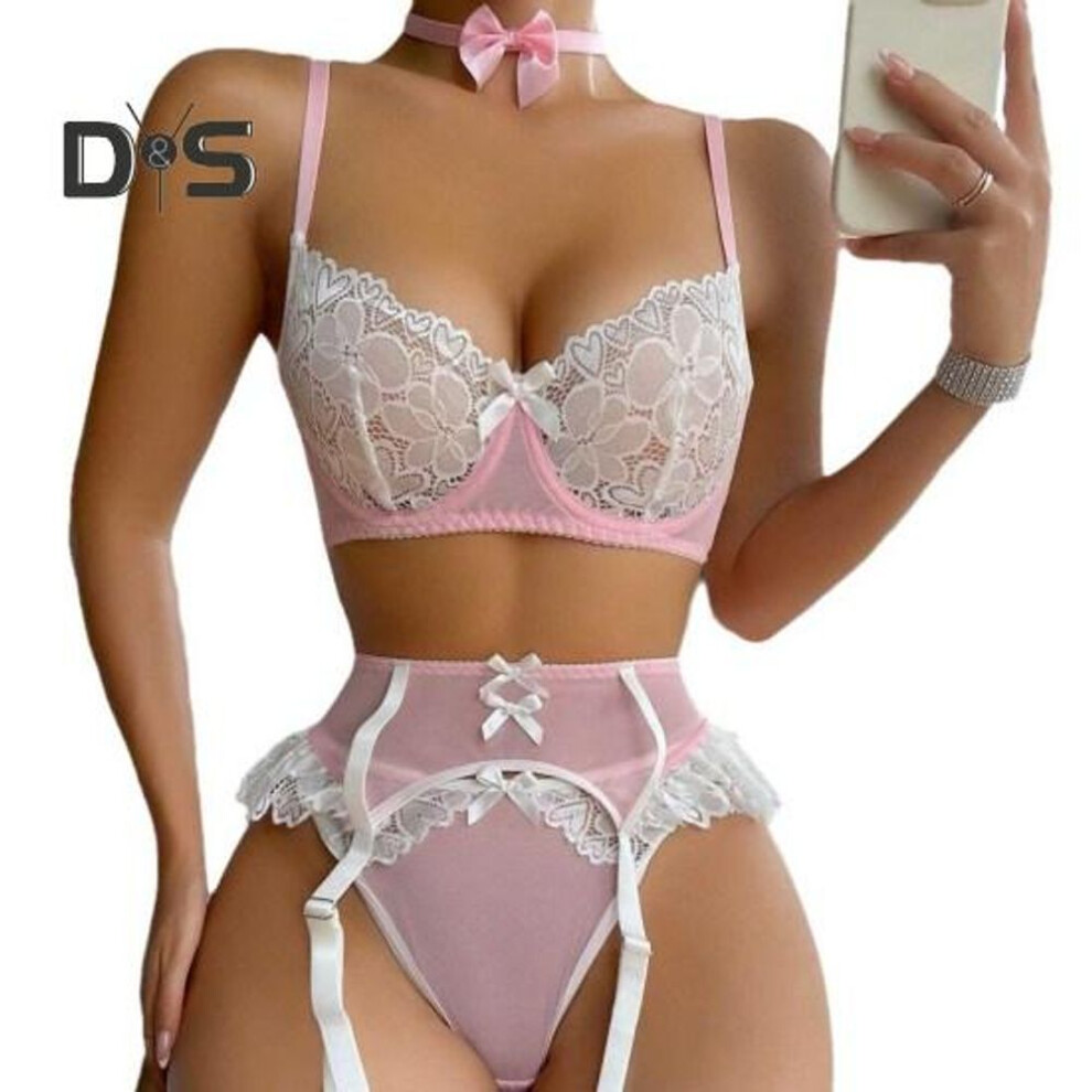 (M, pink) 4 Pcs/Set Women Underwear Set Includes Stockings And Bow Collar Push-up Bra Adjustable Strap High Waist Garter Lace Panties Set Embroidery for Hotels