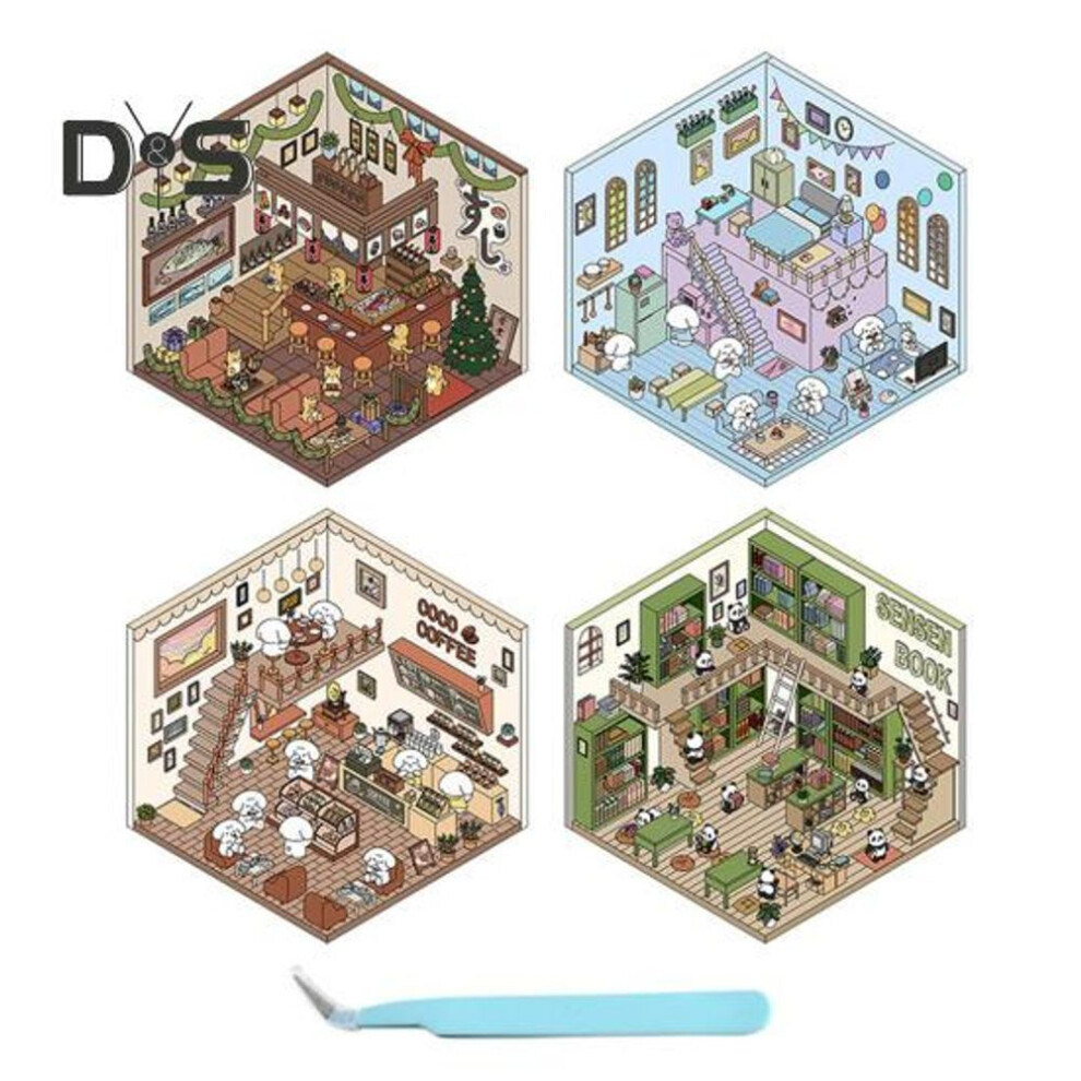 (as the picture, B) 4Pcs DIY 3D House Stickers Kit Adults Kids Reusable Stress-Reducing Miniature Scene Sticker Set DIY Projects Gift