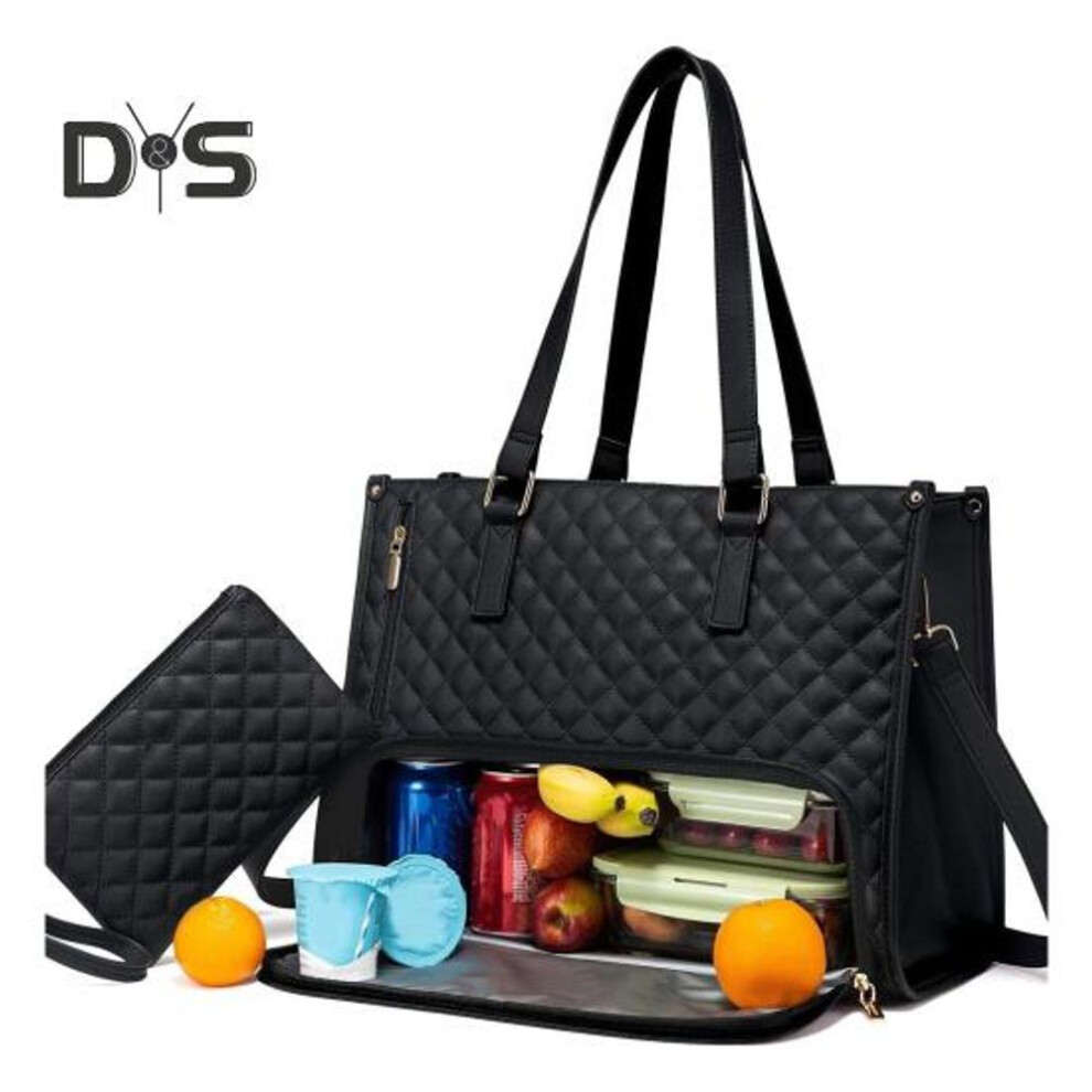 (black) 2-in-1 Tote Bag Lunch Bag for Women 15.6-inch Laptop Lunch Bag Large Tote Bag with Lunch Compartment Spacious Work Bag for Business Office College