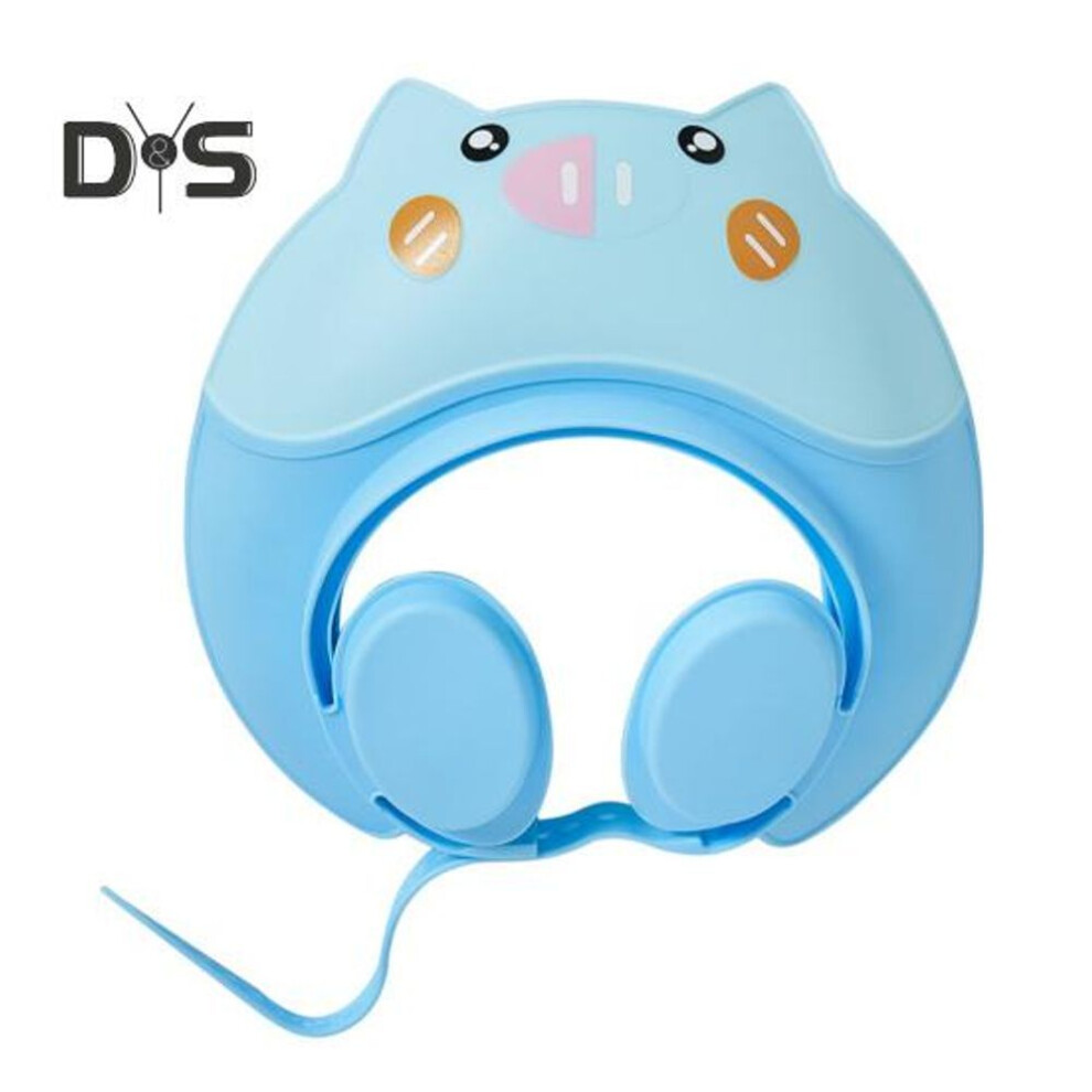 (blue) Baby Shower Cap Safe Silicone Protection Bath Cap Soft Visor Hat Cartoon Shape Adjustable Strap Waterproof Shampoo Hat
