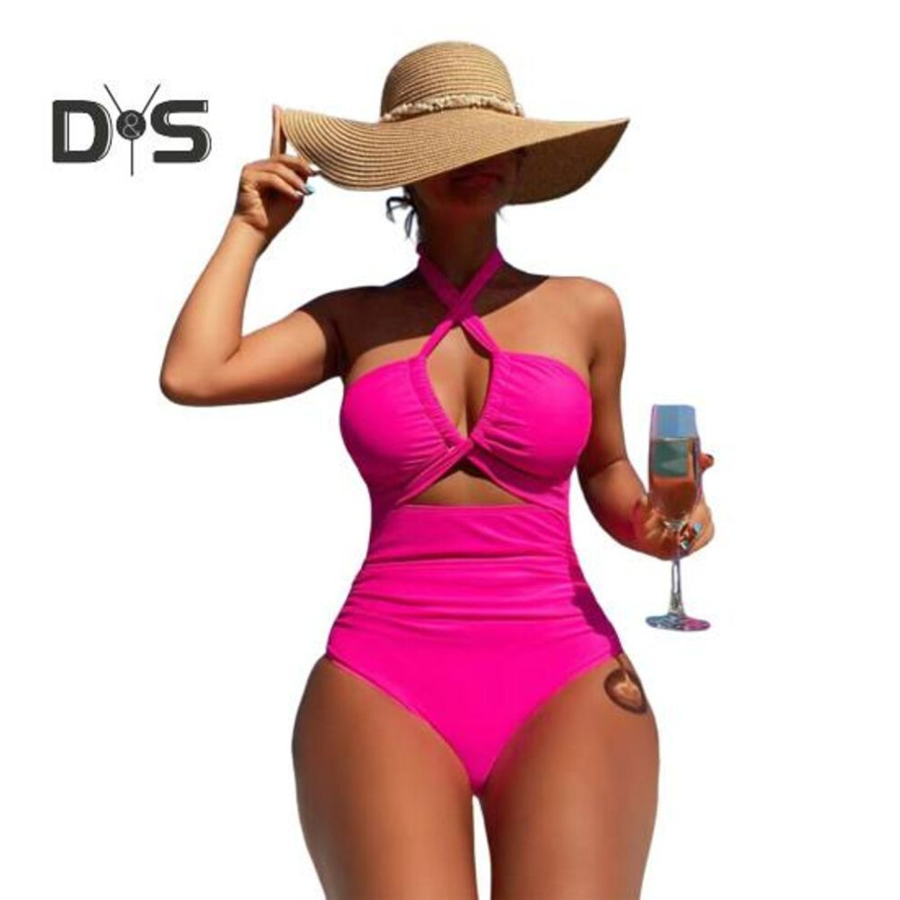 (M, rose red) Women Monikni Sexy Suspender One-piece Bikini Slim Fit Padded No Underwire Swimsuit Beach Sports Wear